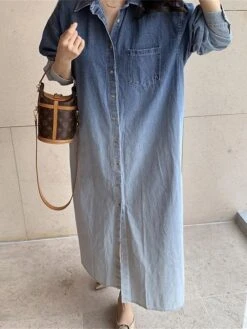 Women's Shirt Dress Casual Dress Maxi Long Dress Outdoor Daily Vacation Denim Fashion Modern Shirt Collar Button Pocket Long Sleeve Spring Fall Winter 2023 Loose Fit Blue Ombre M -HANA Luxury Wear Shop suusnl1695027658502