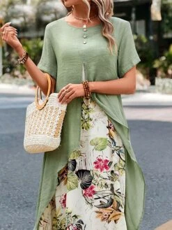 Women's Two Piece Dress Set Casual Dress Print Dress Outdoor Daily Fashion Streetwear Button Print Midi Dress Crew Neck Short Sleeve Floral Loose Fit Green Summer Spring S M L XL XXL -HANA Luxury Wear Shop suxlre1684152270833
