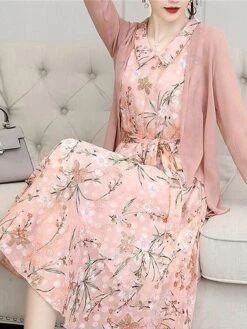 Women's Two Piece Dress Set Print Dress Outdoor Daily Modern Casual Lace Up Ruched Midi Dress V Neck Long Sleeve Floral Regular Fit Black Pink Blue Summer Spring M L XL XXL XXXL -HANA Luxury Wear Shop suzoif1678430832587