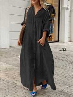 Women's Shirt Dress Casual Dress Cotton Linen Dress Maxi Long Dress Linen / Cotton Blend Basic Classic Outdoor Daily Vacation Shirt Collar Button Pocket 3/4 Length Sleeve Summer Spring Fall 2023 -HANA Luxury Wear Shop svgexd1692084274266