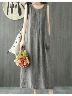 Women's Casual Dress Cotton Linen Dress Shift Dress Maxi Long Dress Cotton Blend Casual Daily Holiday Vacation Crew Neck Pocket Cold Shoulder Sleeveless Summer Spring 2023 Regular Fit Black Gray Pure -HANA Luxury Wear Shop svpwvk1679376654873