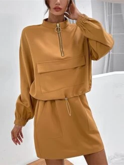 Women's Two Piece Dress Set Casual Dress Skirt Set Outdoor Daily Streetwear Modern Pocket Mini Dress Stand Collar Long Sleeve Plain Loose Fit Khaki Fall Winter S M L XL -HANA Luxury Wear Shop swapus1693540423203