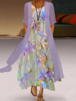 Women's Dress Set Two Piece Dress A Line Dress Maxi Long Dress Light Green Purple Short Sleeve Animal Ruched Spring Summer Crew Neck Casual Daily Vacation 2023 S M L XL XXL 3XL