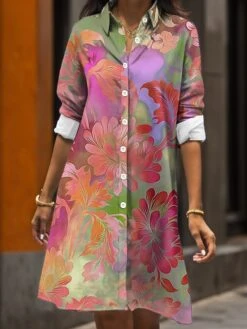 Women's Shirt Dress Casual Dress Midi Dress Outdoor Daily Date Polyester Fashion Modern Shirt Collar Button Pocket Long Sleeve Fall Winter 2023 Loose Fit ArmyGreen Rusty Red Lavender Floral S M L XL