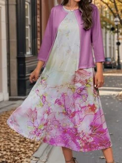 Women's Two Piece Dress Set Casual Dress Swing Dress Outdoor Office Fashion Streetwear Print Midi Dress Crew Neck 3/4 Length Sleeve Floral Ombre Regular Fit Pink Blue Purple Fall Winter S M L XL XXL -HANA Luxury Wear Shop swjdcy1697782918648