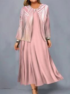 Women's Plus Size Curve Casual Dress Dress Set Two Piece Dress Leaf Midi Dress Long Sleeve Print Crew Neck Mature Outdoor Pink Blue Fall Winter L XL XXL 3XL 4XL