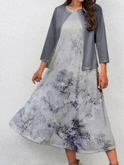 Women's Two Piece Dress Set Casual Dress Swing Dress Outdoor Office Fashion Streetwear Print Midi Dress Crew Neck 3/4 Length Sleeve Floral Ombre Regular Fit Pink Blue Purple Fall Winter S M L XL XXL -HANA Luxury Wear Shop swxrkv1697681157819