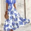 Women's Two Piece Dress Set Casual Dress Swing Dress Outdoor Daily Fashion Elegant Lace Up Print Long Dress Maxi Dress Crew Neck Short Sleeve Floral Regular Fit Blue Summer Spring S M L XL XXL -HANA Luxury Wear Shop sxavtk1684150726353