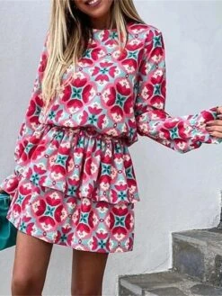 Women's Two Piece Dress Set Casual Dress Skirt Set Daily Holiday Fashion Streetwear Ruffle Print Mini Dress Crew Neck Long Sleeve Floral Loose Fit Red Summer Spring S M L XL -HANA Luxury Wear Shop sxndkr1689579801317