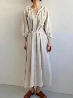 Women's Casual Dress Cotton Linen Dress Loose Dress Midi Dress Linen / Cotton Blend Fashion Daily Outdoor Daily Vacation V Neck Lace Up Button Long Sleeve Fall Autumn 2023 Loose Fit Black Blue Apricot -HANA Luxury Wear Shop sxrjyc1692955812209