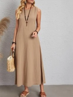 Women's Casual Dress Cotton Linen Dress White Dress Maxi Long Dress Cotton Blend Basic Casual Outdoor Daily Vacation Crew Neck Pocket Sleeveless Summer Spring 2023 Regular Fit White Khaki Plain S M L -HANA Luxury Wear Shop sxxusj1676443140941
