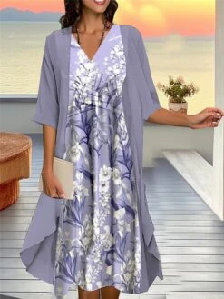 Women's Two Piece Dress Set Casual Dress Chiffon Dress Outdoor Daily Fashion Streetwear Knot Front Print Midi Dress V Neck 3/4 Length Sleeve Floral Regular Fit Pink Blue Purple Fall Winter S M L XL -HANA Luxury Wear Shop syevrs1693534941977