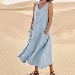Women‘s Casual Dress Cotton Dress Shift Dress Midi Dress Blue Pink Khaki Sleeveless Pure Color Pocket Spring Summer Crew Neck Basic Daily Vacation Weekend Loose Fit 2023 S M L XL XXL -HANA Luxury Wear Shop syrltr1648535264124