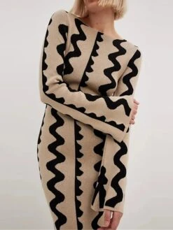 Women's Sweater Dress Winter Dress Jumper Dress Long Dress Maxi Dress Active Stripe Print Outdoor Street Daily Vacation Crew Neck Long Sleeve Print 2023 Slim Black Khaki S M L XL -HANA Luxury Wear Shop szcxqa1695111722495