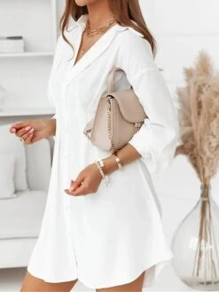 Women's Shirt Dress Casual Dress Mini Dress Outdoor Daily Vacation Polyester Fashion Modern Shirt Collar Button 3/4 Length Sleeve Fall Winter 2023 Loose Fit Black White Pure Color S M L XL 2XL -HANA Luxury Wear Shop szoprc1695813899159