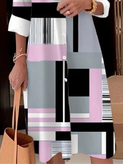 Women's Shirt Dress Casual Dress Midi Dress Outdoor Office Daily Polyester Fashion Modern Shirt Collar Button Pocket Long Sleeve Fall Winter 2023 Loose Fit Yellow Blue Gray Geometric Plaid Color Block -HANA Luxury Wear Shop tajjix1693902568445