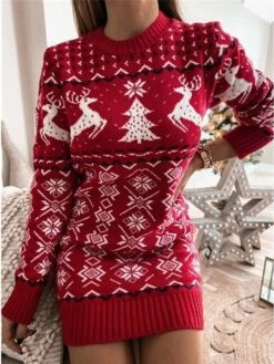 Women‘s Christmas Sweater Dress Winter Dress Sheath Dress Short Mini Dress Red Navy Blue Gray Long Sleeve Elk Snowman Snowflake Knit Fall Winter Round Neck Turtleneck Stylish Casual 2022 S M L XL XXL -HANA Luxury Wear Shop tapclp1663151834264