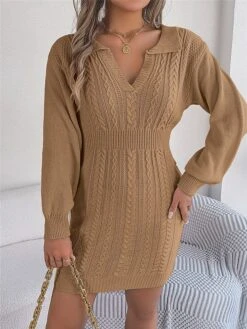 Women's Sweater Dress Winter Dress Jumper Dress Mini Dress Warm Pure Color Outdoor Casual Holiday Vacation V Neck Long Sleeve 2023 Regular Fit Pink Burgundy Green S M L -HANA Luxury Wear Shop tbehdm1696926494583