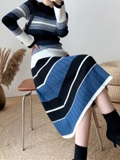 Women's Sweater Dress Winter Dress Jumper Dress Midi Dress Warm Color Block Stripe Outdoor Daily Going Out Crew Neck Long Sleeve 2023 Loose Fit Black Blue S M L XL -HANA Luxury Wear Shop tcigdc1696926577545
