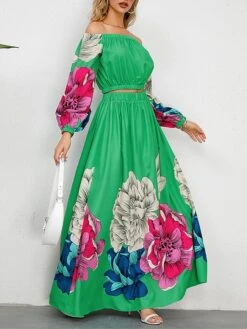 Women's Two Piece Dress Set Casual Dress Skirt Set Daily Going Out Casual Ruched Print Long Dress Maxi Dress Off Shoulder Long Sleeve Floral Regular Fit Blue Green Rose Red Fall Winter S M L XL XXL -HANA Luxury Wear Shop tcvbow1692339431752