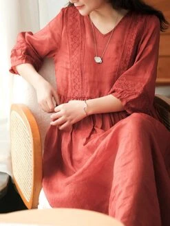 Women's Casual Dress Cotton Linen Dress Swing Dress Midi Dress Cotton Blend Basic Casual Outdoor Daily V Neck Ruched 3/4 Length Sleeve Summer Spring 2023 Loose Fit Black White Yellow Pure Color M L -HANA Luxury Wear Shop tddgsx1677135407990