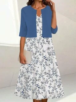 Women's Two Piece Dress Set Casual Dress Print Dress Outdoor Daily Fashion Elegant Print Midi Dress V Neck Half Sleeve Floral Regular Fit Navy Blue Blue Green Summer Spring S M L XL XXL -HANA Luxury Wear Shop tdebea1688117341442