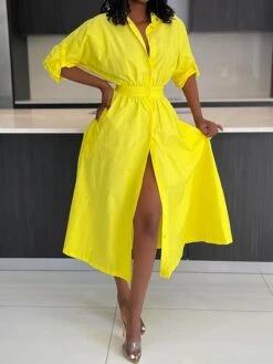 Women's Shirt Dress Midi Dress Outdoor Office Daily Polyester Fashion Romantic Shirt Collar Button Long Sleeve Summer Spring Fall 2023 Slim Yellow Pink Plain S M L XL -HANA Luxury Wear Shop tdfsoi1697597596606