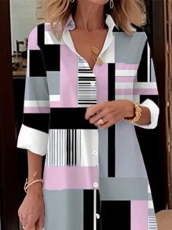 Women's Shirt Dress Casual Dress Midi Dress Outdoor Office Daily Polyester Fashion Modern Shirt Collar Button Pocket Long Sleeve Fall Winter 2023 Loose Fit Yellow Blue Gray Geometric Plaid Color Block -HANA Luxury Wear Shop temnwd1693902567531