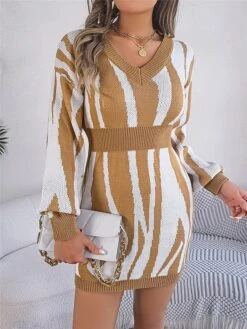 Women's Sweater Dress Winter Dress Jumper Dress Mini Dress Warm Stripe Outdoor Casual Holiday Vacation V Neck Long Sleeve Patchwork 2023 Loose Fit Green Khaki Rose Red S M L -HANA Luxury Wear Shop tevgzb1696926513091