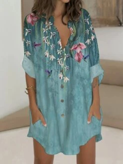 Women's Shirt Dress Casual Dress Shift Dress Mini Dress Outdoor Date Vacation Polyester Fashion Modern V Neck Button Pocket 3/4 Length Sleeve Summer Spring 2023 Regular Fit White Pink Blue Bird Flower