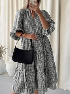 Women's Casual Dress Cotton Dress Midi Dress Cotton Basic Classic Outdoor Daily Vacation V Neck Print Long Sleeve Spring Fall Winter 2023 Loose Fit Black Yellow Red Plaid S M L XL 2XL