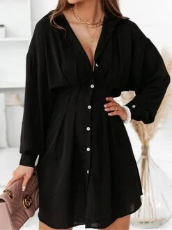Women's Shirt Dress Casual Dress Mini Dress Outdoor Daily Vacation Polyester Fashion Modern Shirt Collar Button 3/4 Length Sleeve Fall Winter 2023 Loose Fit Black White Pure Color S M L XL 2XL -HANA Luxury Wear Shop tfqfds1695813901225