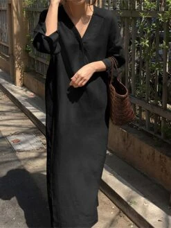 Women's Casual Dress Cotton Linen Dress Shift Dress Maxi Long Dress Linen / Cotton Blend Fashion Modern Outdoor Daily Vacation V Neck Button Long Sleeve Fall Winter Autumn 2023 Loose Fit Black Yellow -HANA Luxury Wear Shop tfqhct1691143979698