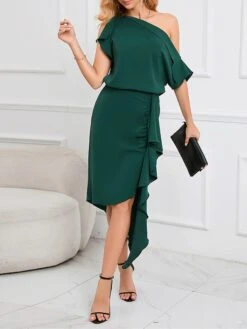 Women's Two Piece Dress Set Party Dress Skirt Set Party Outdoor Fashion Party Ruffle Asymmetrical Midi Dress Off Shoulder Half Sleeve Plain Loose Fit Green Spring Fall S M L XL XXL -HANA Luxury Wear Shop tfruuw1692339650852