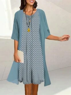 Women's Two Piece Dress Set Casual Dress Print Dress Outdoor Daily Fashion Elegant Print Midi Dress Crew Neck 3/4 Length Sleeve Geometric Loose Fit Yellow Pink Blue Summer Spring S M L XL XXL