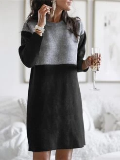 Women‘s Sweater Dress Winter Dress Wine Army Green Dusty Blue Brown Black Long Sleeve Color Block Patchwork Winter Fall Crew Neck Turtleneck Casual S M L XL XXL 3XL Cotton -HANA Luxury Wear Shop tfvqgj1630305237923