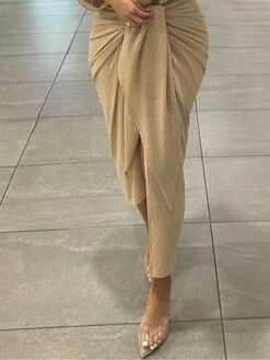 Women's Two Piece Dress Set Party Dress Skirt Set Party Wedding Guest Fashion Party Ruched Long Dress Maxi Dress Shirt Collar Long Sleeve Plain Regular Fit Khaki Fall Winter S M L XL -HANA Luxury Wear Shop tfwbtw1694596109175