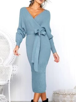 Women's Sweater Dress Winter Dress Jumper Dress Midi Dress Lace Up Split Daily Date Going Out Active Fashion V Neck Long Sleeve 2023 Regular Fit Black Yellow Fuchsia Color S M L XL XXL Size -HANA Luxury Wear Shop thgutc1692857082433