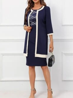 Women's Two Piece Dress Set Party Dress Lace Dress Party Office Fashion Elegant Lace Patchwork Midi Dress Crew Neck 3/4 Length Sleeve Plain Regular Fit Navy Blue Fall Winter S M L XL XXL -HANA Luxury Wear Shop thidsy1697450714626