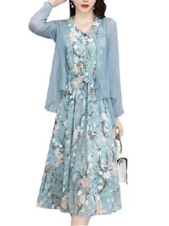 Women's Two Piece Dress Set Print Dress Outdoor Daily Modern Casual Lace Up Ruched Midi Dress V Neck Long Sleeve Floral Regular Fit Black Pink Blue Summer Spring M L XL XXL XXXL -HANA Luxury Wear Shop thqmki1678430833298