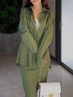 Women's Two Piece Dress Set Casual Dress Skirt Set Outdoor Daily Fashion Streetwear Button Pocket Long Dress Maxi Dress Shirt Collar Long Sleeve Plain Loose Fit Brown Green Beige Fall Winter S M L XL -HANA Luxury Wear Shop thszgo1693534949931