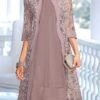 Women's Two Piece Dress Set Party Dress Lace Dress Party Wedding Guest Fashion Elegant Lace Patchwork Midi Dress Crew Neck 3/4 Length Sleeve Plain Regular Fit Light Purple Fall Winter S M L XL XXL
