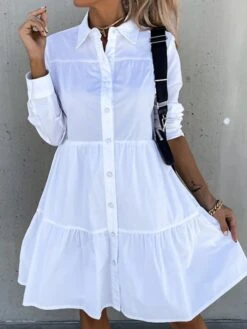 Women's Shirt Dress Casual Dress Swing Dress Midi Dress Outdoor Daily Vacation Cotton Basic Modern Shirt Collar Ruffle Button Long Sleeve Fall Winter 2023 Regular Fit ArmyGreen Black White Pure Color -HANA Luxury Wear Shop timmgz1695813924874