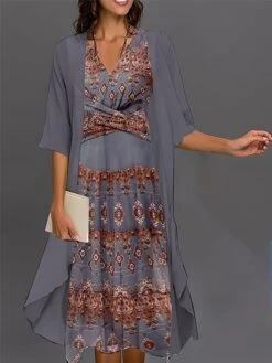 Women's Two Piece Dress Set Casual Dress Chiffon Dress Outdoor Daily Vintage Ethnic Knot Front Print Midi Dress V Neck 3/4 Length Sleeve Floral Tribal Regular Fit Black Blue Purple Fall Winter S M L -HANA Luxury Wear Shop tirrni1693534945464