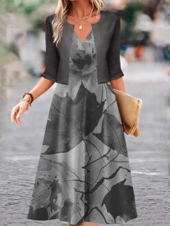 Women's Two Piece Dress Set Casual Dress Swing Dress Outdoor Daily Fashion Elegant Print Midi Dress V Neck Half Sleeve Leaf Regular Fit Blue Brown Gray Fall Winter S M L XL XXL -HANA Luxury Wear Shop tjxund1697681149985