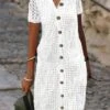 Women's Casual Dress Cotton Linen Dress Shift Dress Midi Dress Cotton Blend Modern Casual Outdoor Daily Vacation Split Neck Button Eyelet Short Sleeve Summer Spring 2023 Regular Fit White Plain S M L -HANA Luxury Wear Shop tjzsxh1686105100510