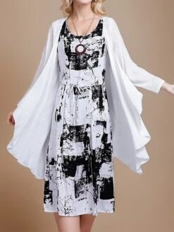 Women's Two Piece Dress Set Casual Dress Cotton Linen Dress Daily Holiday Fashion Streetwear Pocket Drawstring Midi Dress Crew Neck Long Sleeve Painting Print Loose Fit Black Dark Blue Fall Winter M