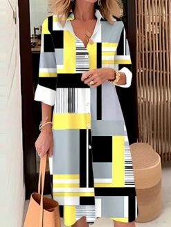 Women's Shirt Dress Casual Dress Midi Dress Outdoor Office Daily Polyester Fashion Modern Shirt Collar Button Pocket Long Sleeve Fall Winter 2023 Loose Fit Yellow Blue Gray Geometric Plaid Color Block -HANA Luxury Wear Shop tkftay1695090769044