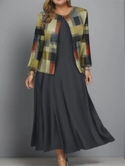 Women's Plus Size Two Piece Dress Set Casual Dress Swing Dress Outdoor Office Fashion Streetwear Print Midi Dress Crew Neck Long Sleeve Plaid Regular Fit Black Blue Brown Fall Winter L XL XXL 3XL 4XL -HANA Luxury Wear Shop tkgxcn1697681149443