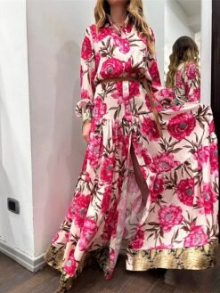 Women's Shirt Dress Casual Dress Swing Dress Maxi Long Dress Outdoor Daily Vacation Satin Fashion Modern Shirt Collar Button Split Long Sleeve Spring Fall 2023 Loose Fit Dark Pink Floral S M L XL 2XL -HANA Luxury Wear Shop tklrhx1692004806004